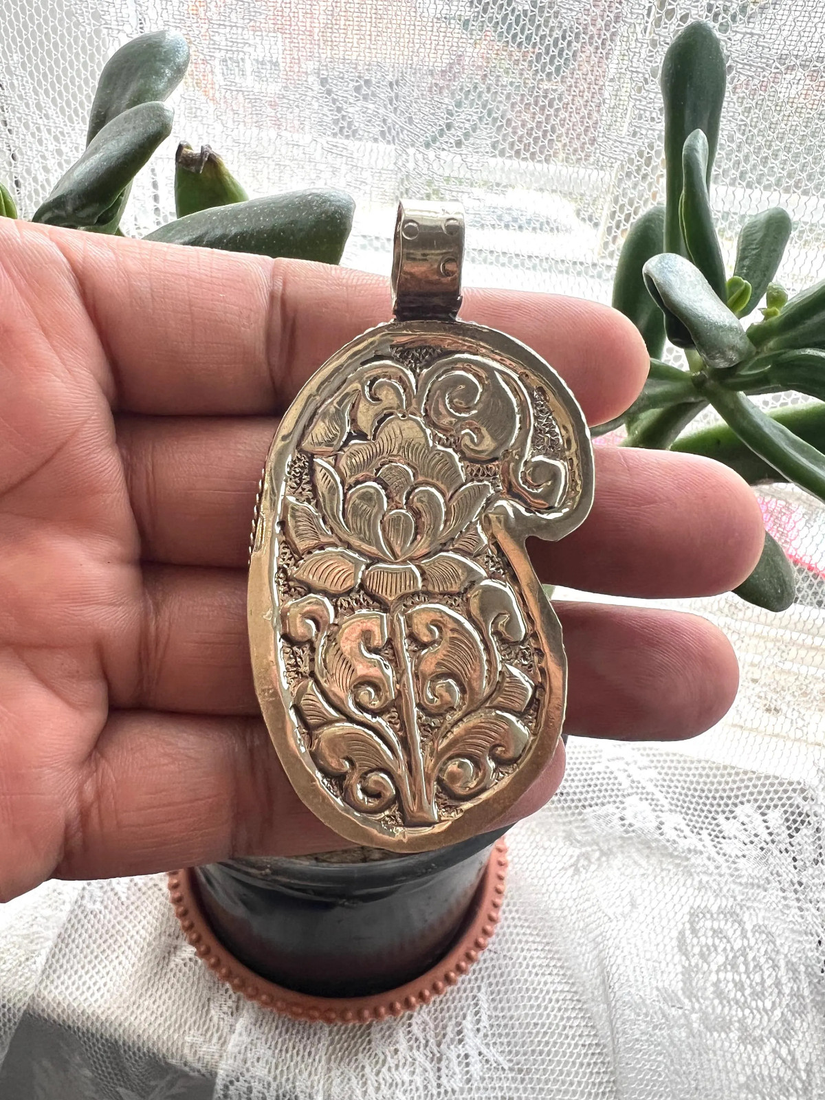 Handcarved pendant, Handcrafted, Tibetan repousse silver, 3×1.25 inches (B-34