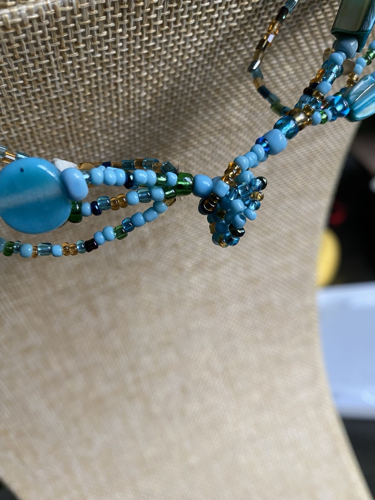 Boho Multi Strand Beaded Lariat Necklace Turquoise Blue Green Seed Bead Tassel