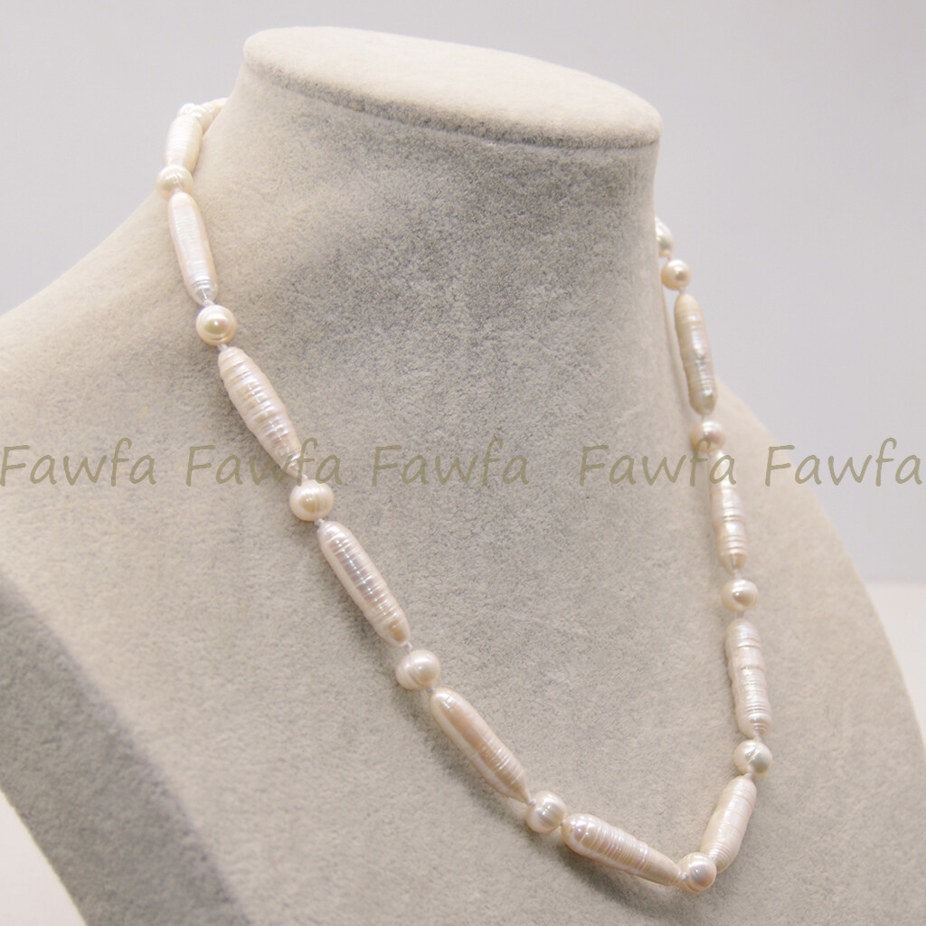 6x26mm Natural White Unique Biwa Freshwater Irregular Pearl Necklace 14-36”