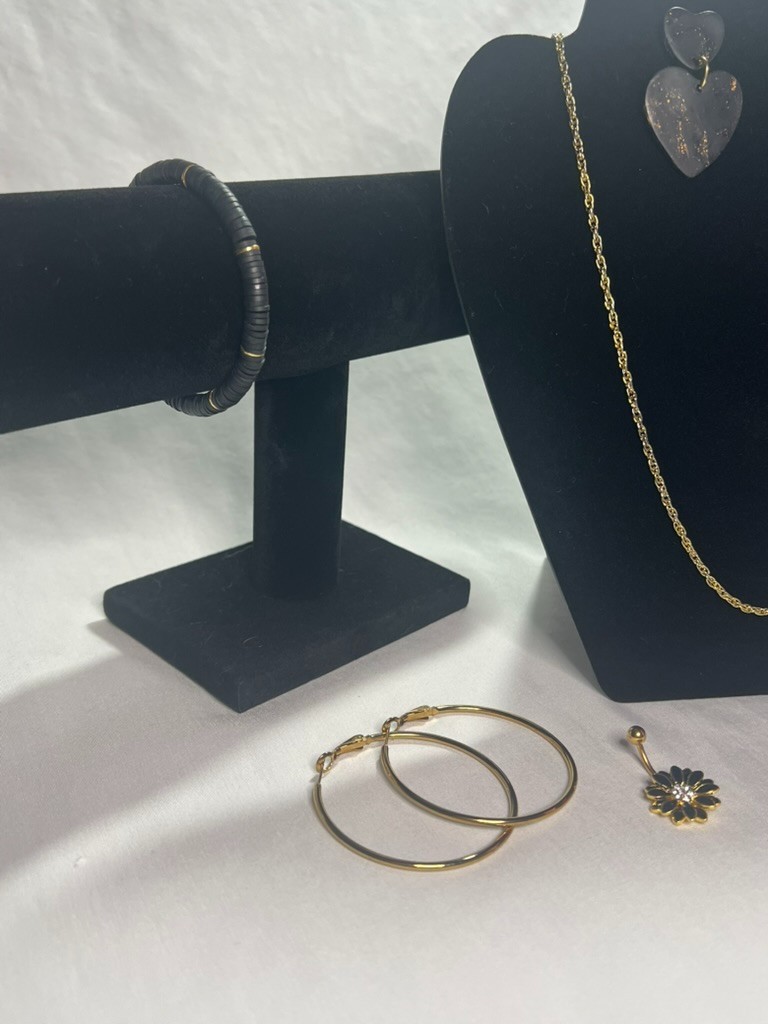 Gold Tone Jewelry Set: Rope Chain, Large Hoops, Heishi Bracelet, Belly Ring