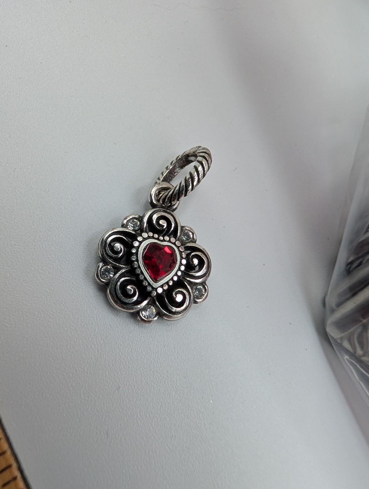 Brighton Silver Tone Red Heart Pendant Charm Scrollwork Clear Stones
