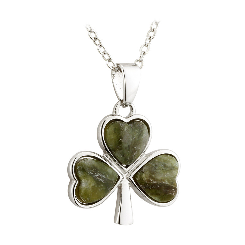 Women Rhodium Connemara Marble Shamrock Pendant Little Irish Luck 22mm x 25mm