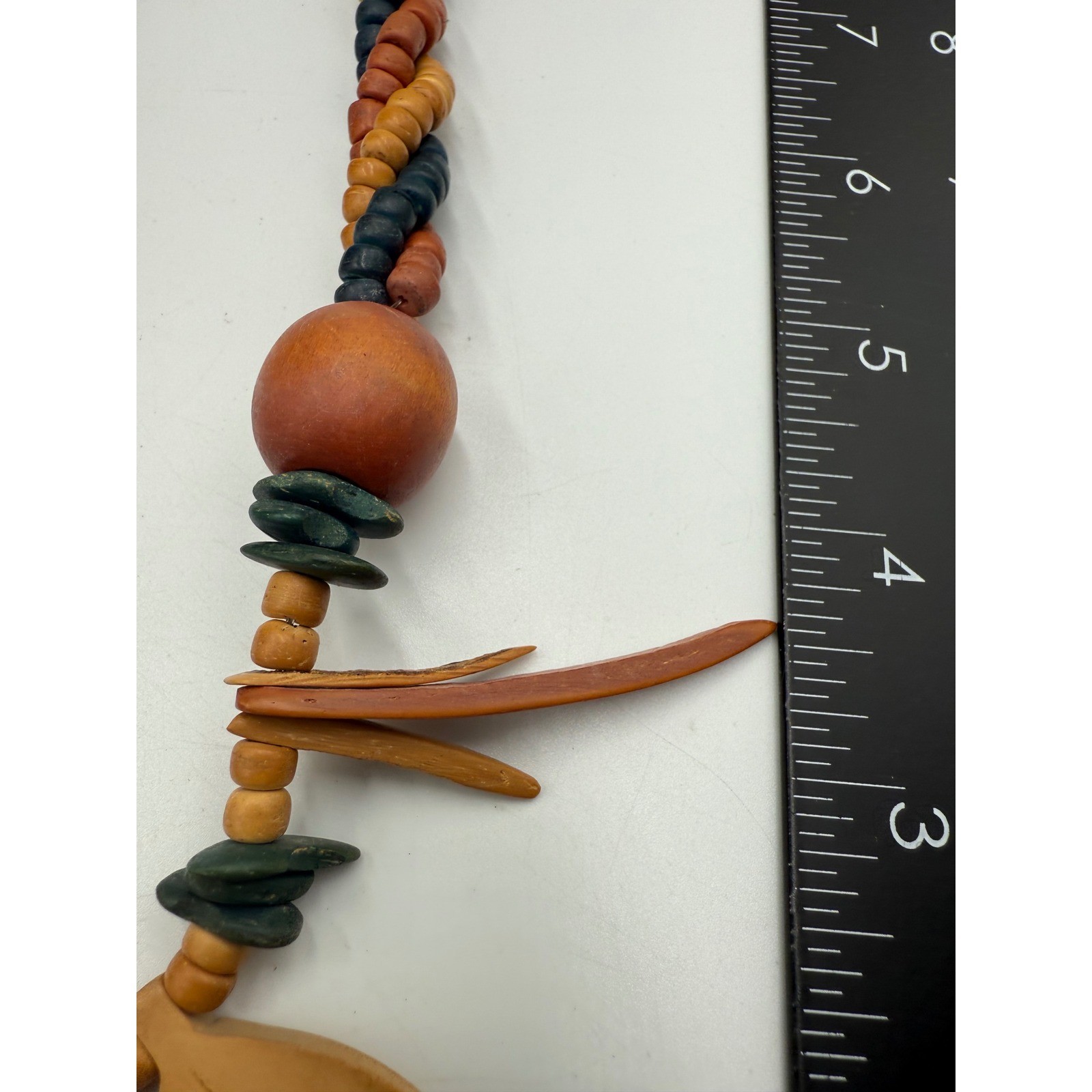 Vintage Boho Carved Wood Leaf Statement Necklace Earthy Multi Strand Beaded 22″