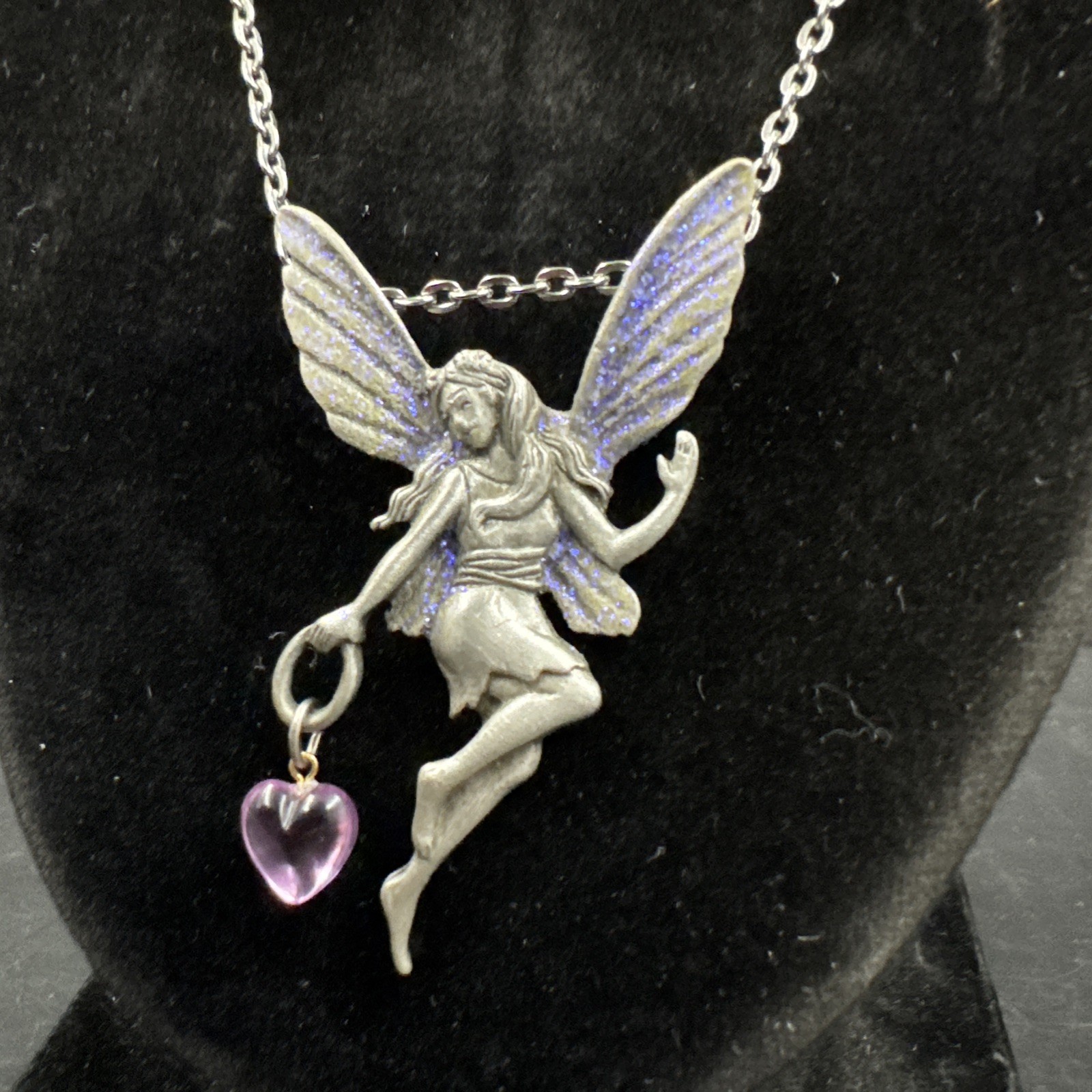JJ Jonette Jewelry Silver Pewter Winged Sparkling Fairy Necklace Whimsical