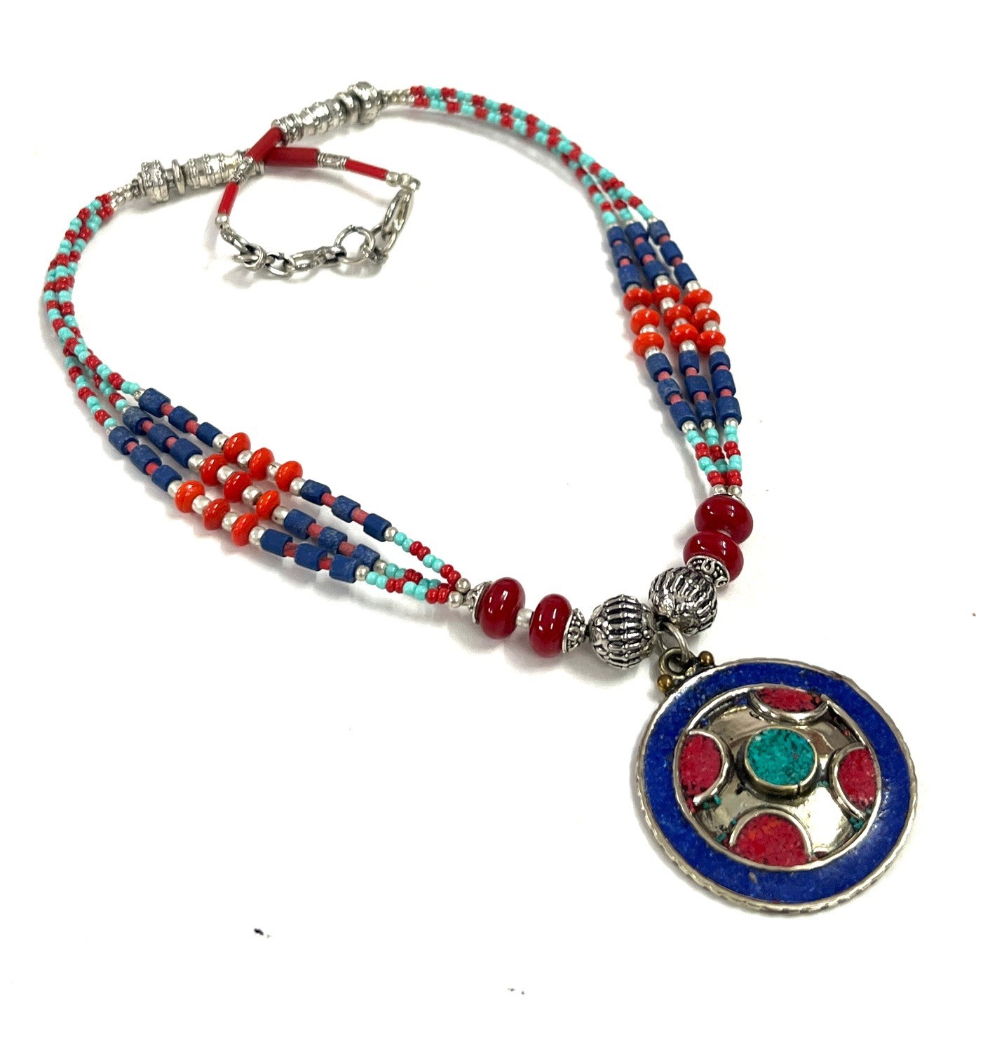 Ethnic Lapis Lazuli Coral Gemstone Nepalese Boho Necklace Jewelry, 17 inch