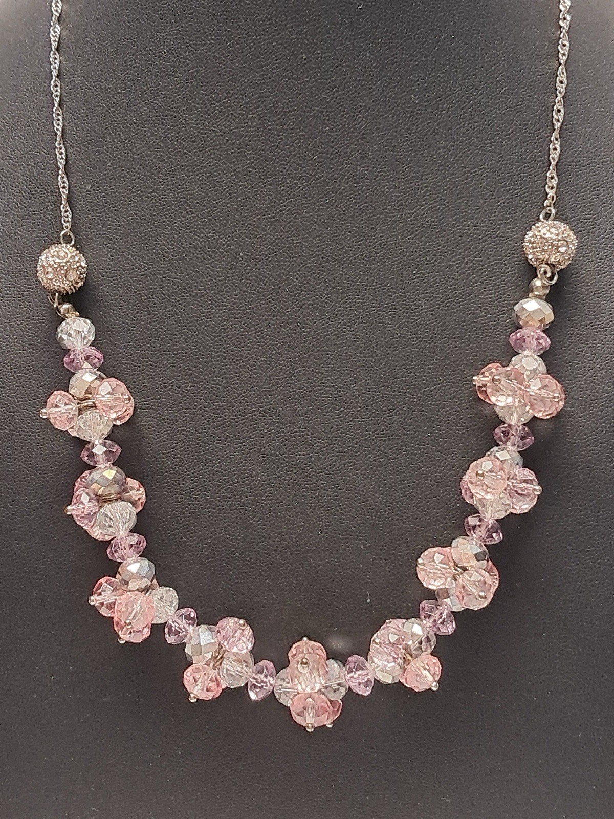 Signed NY Pink Crystal Beaded Statement Necklace Silver Tone Adjustable