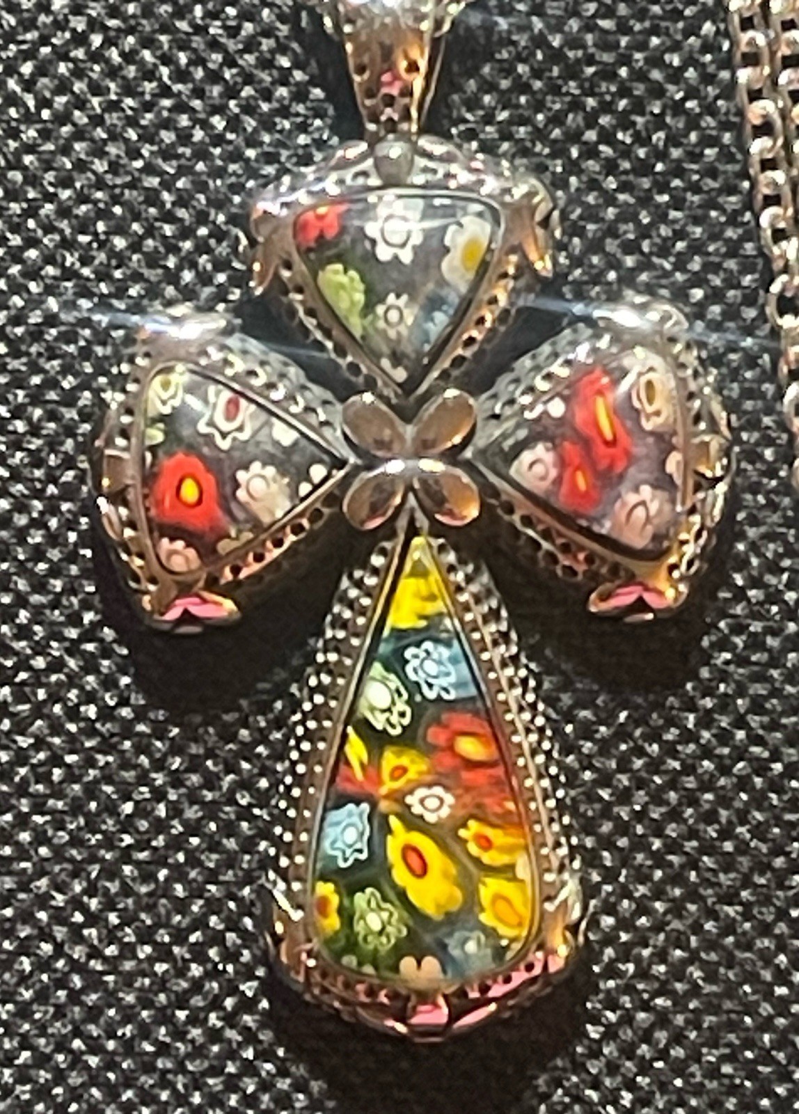 Murano Style Millefiori Cross Pendant 20” Necklace 316L S.steel