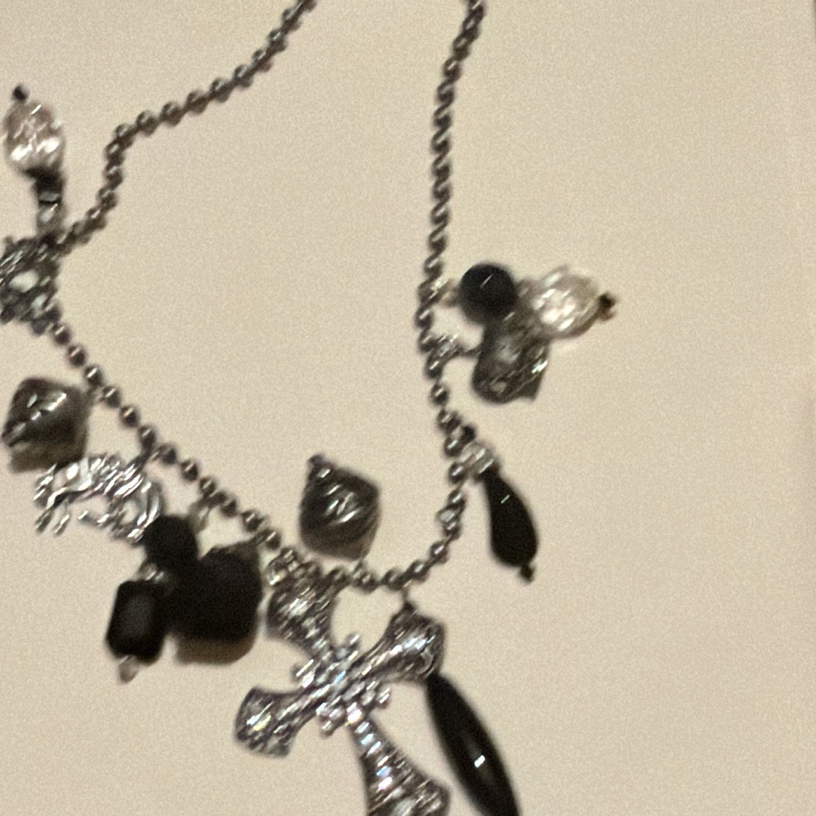 Silver Tone Beaded Ball Chain Necklace w/ Cross Charm Pendant, Clear Crystal