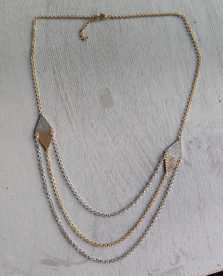 Layered Chain Necklace Three Strands, Two-Tone, Gold Silver 33″ Long Necklace