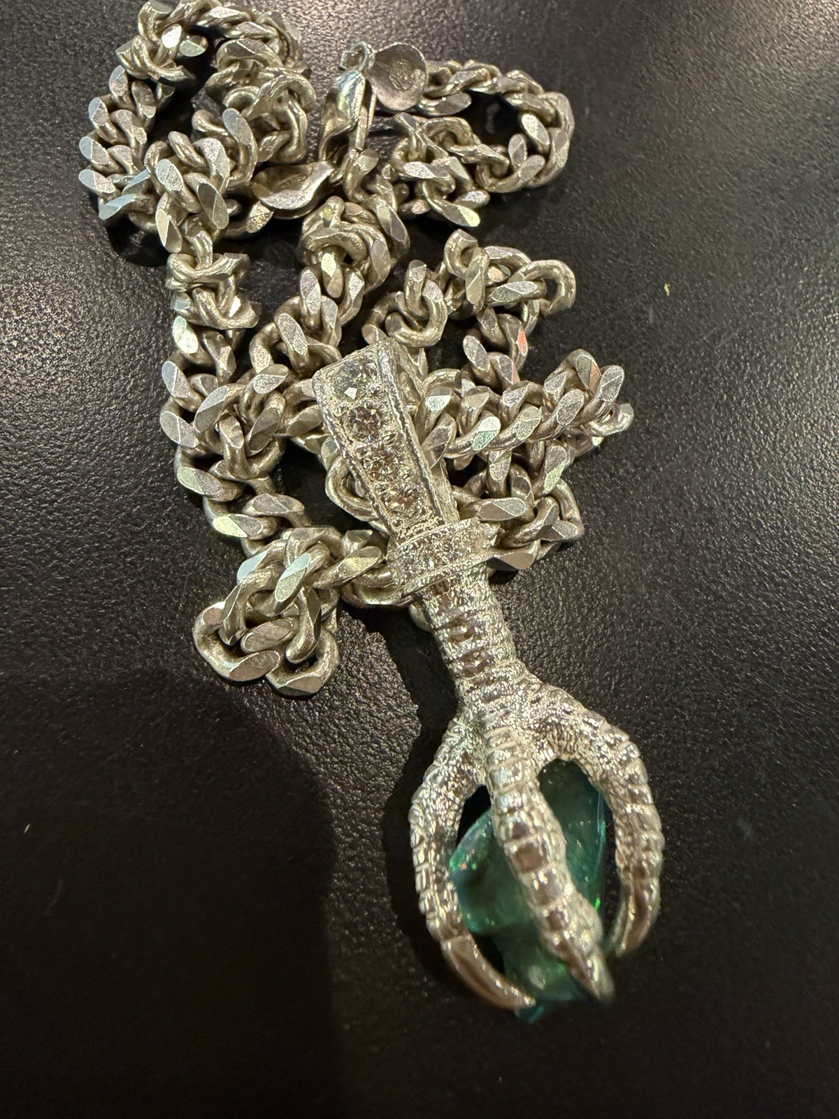 TraxNYC claw Silver Chain free form Opal Pendant Green Stone Prong Set 925silver