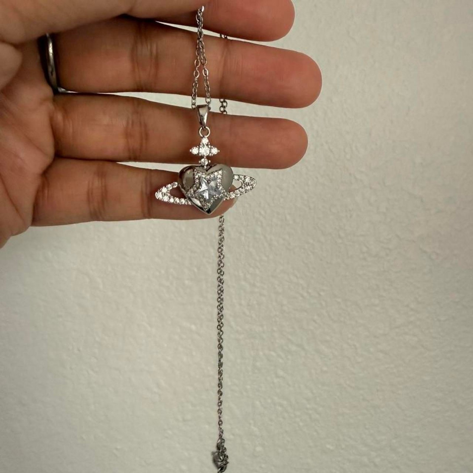 Sparkling Heart Saturn CZ Pendant Stainless Steel Necklace