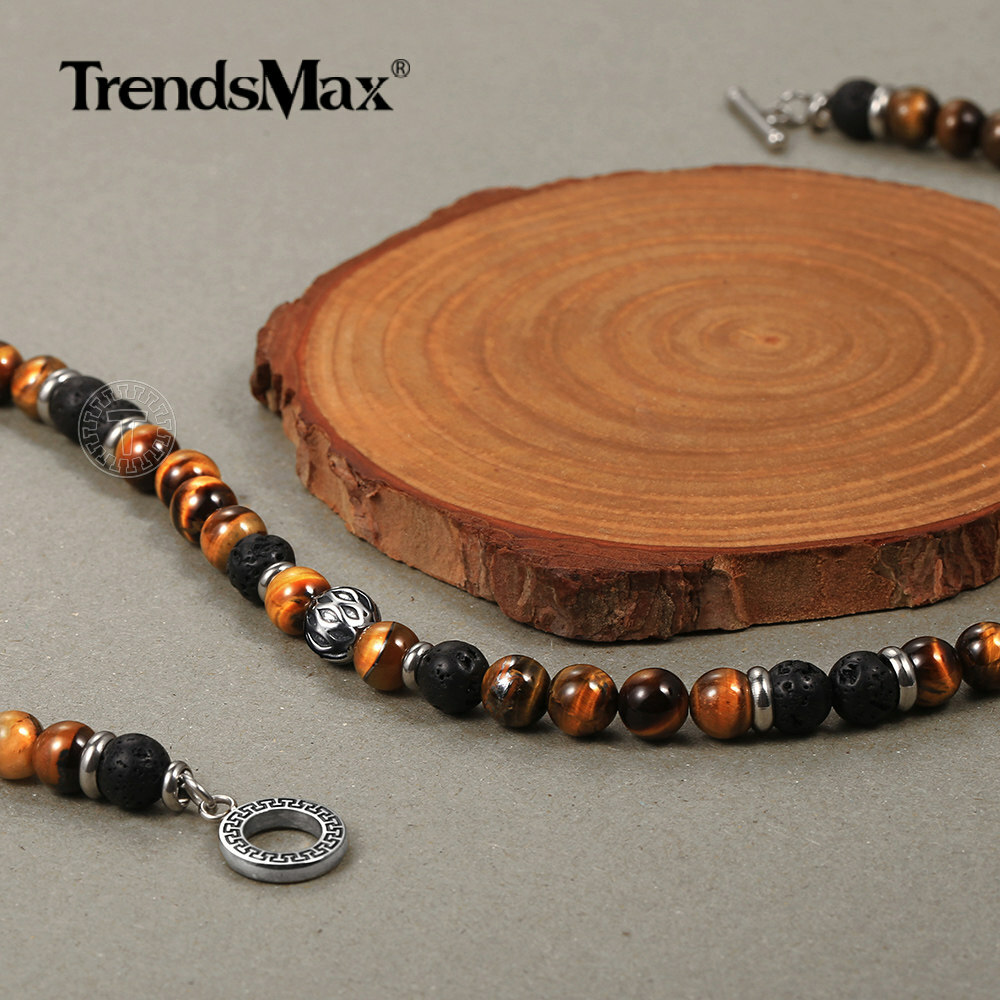 8mm 24″ Natural Tiger Eye Stone Lava Beads Necklace Stainless Steel Charm Choker