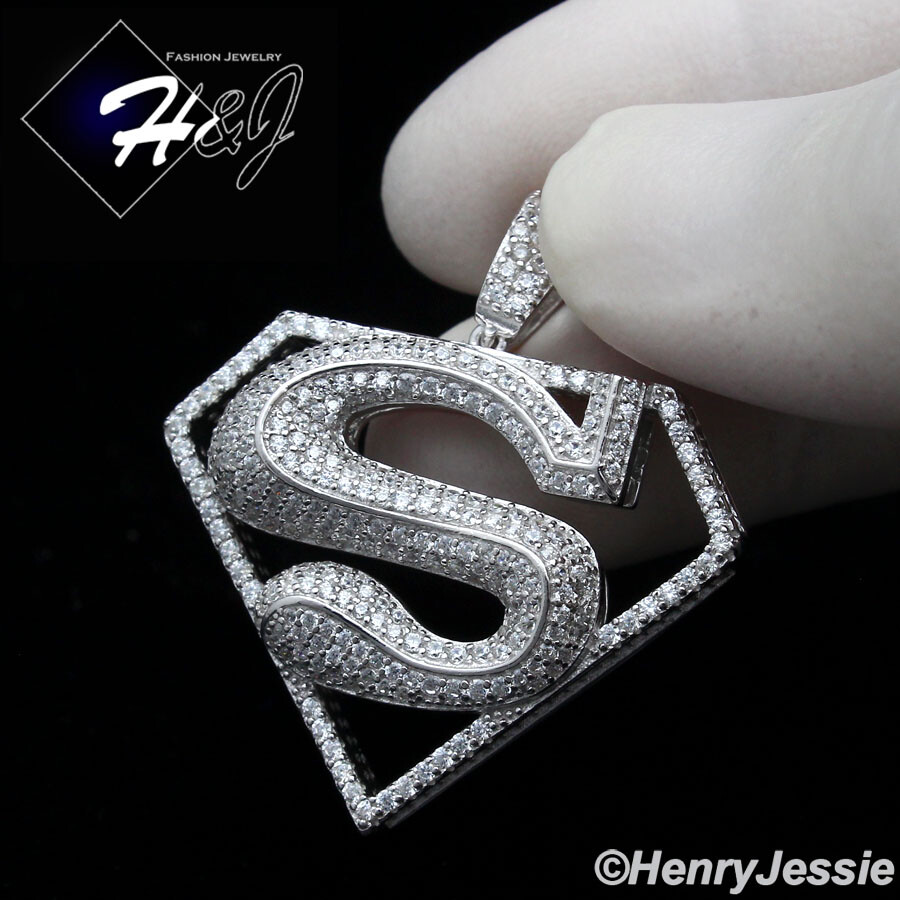 MEN SOLID 925 STERLING SILVER ICY BLING CUBIC ZIRCONIA 3D SUPERMAN PENDANT*SP263