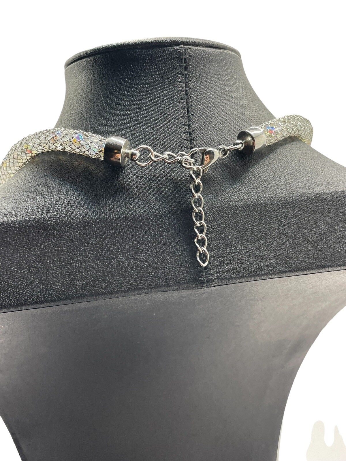 Stainless Steel China Mesh Net Aurora Borealis Bead Silver Tone Necklace Modern