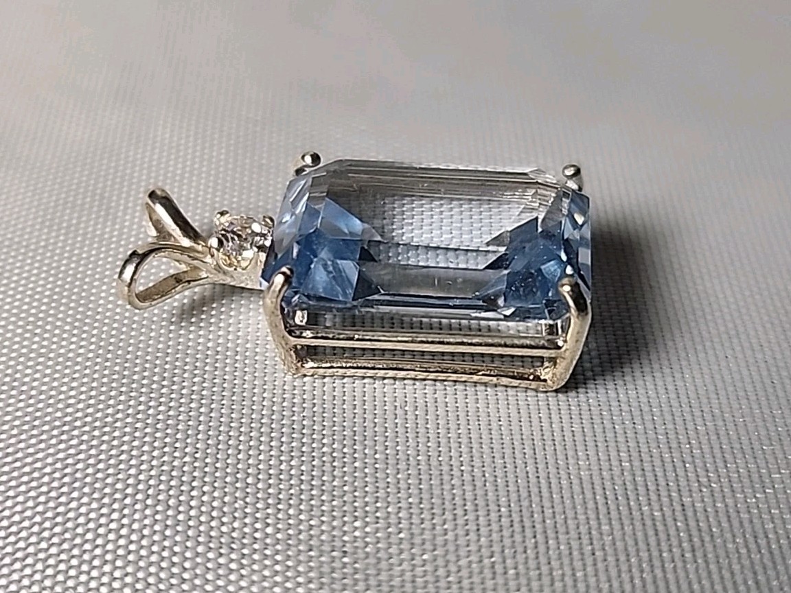 Stering Silver & Emerald Cut Simulated Aquamarine & Diamond CZ Pendant 3.7 grams