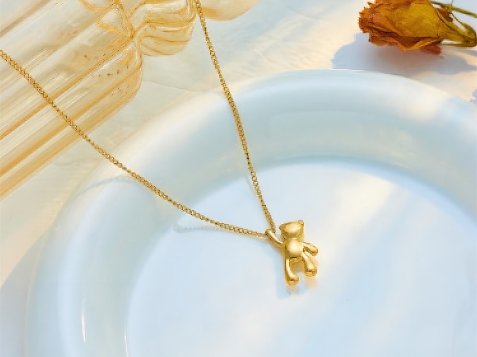 Gold Teddy Bear Pendant Necklace Titanium Steel Cute Animal Charm Women Gift