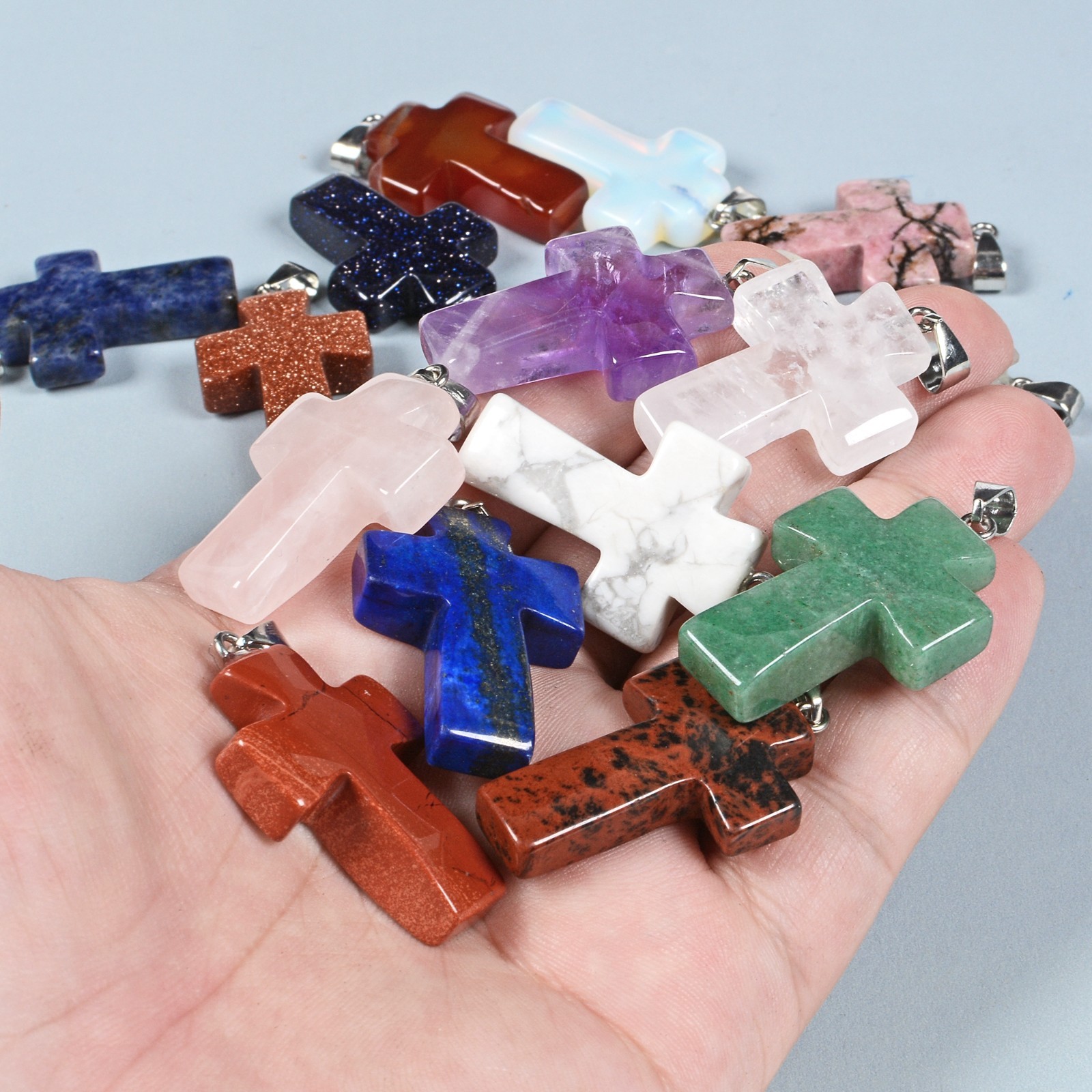 Natural 32mm Gemstone Cross Reiki Pendant Bead Jewelry Necklace 22 inch
