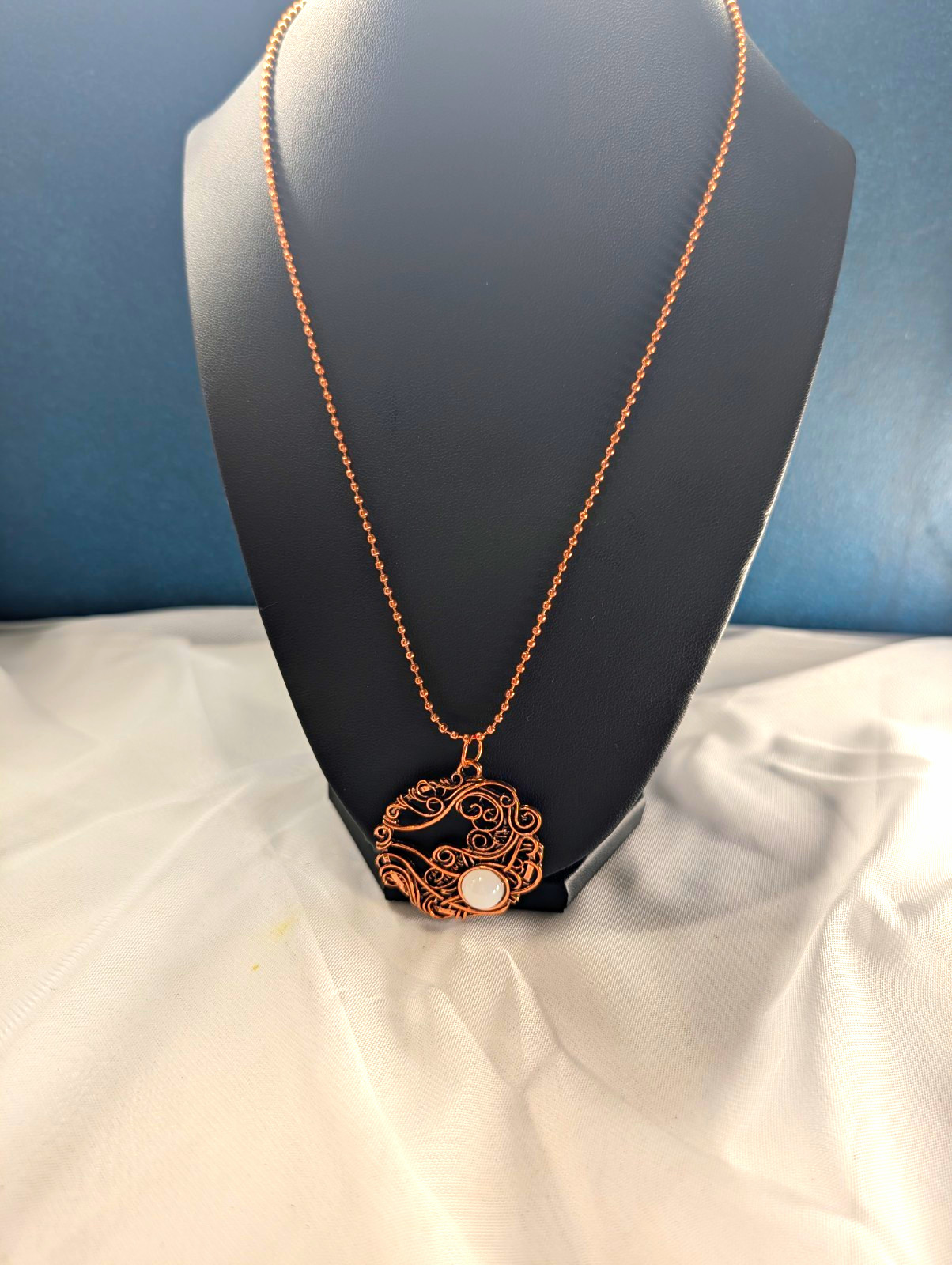 Copper Tone Round Filigree Charm Pendant Necklace Ball/Bead Chain Barrel