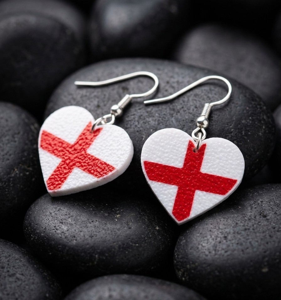 England Flag Earrings Heart St Georges Cross Dangle Drop Football World Cup Gift