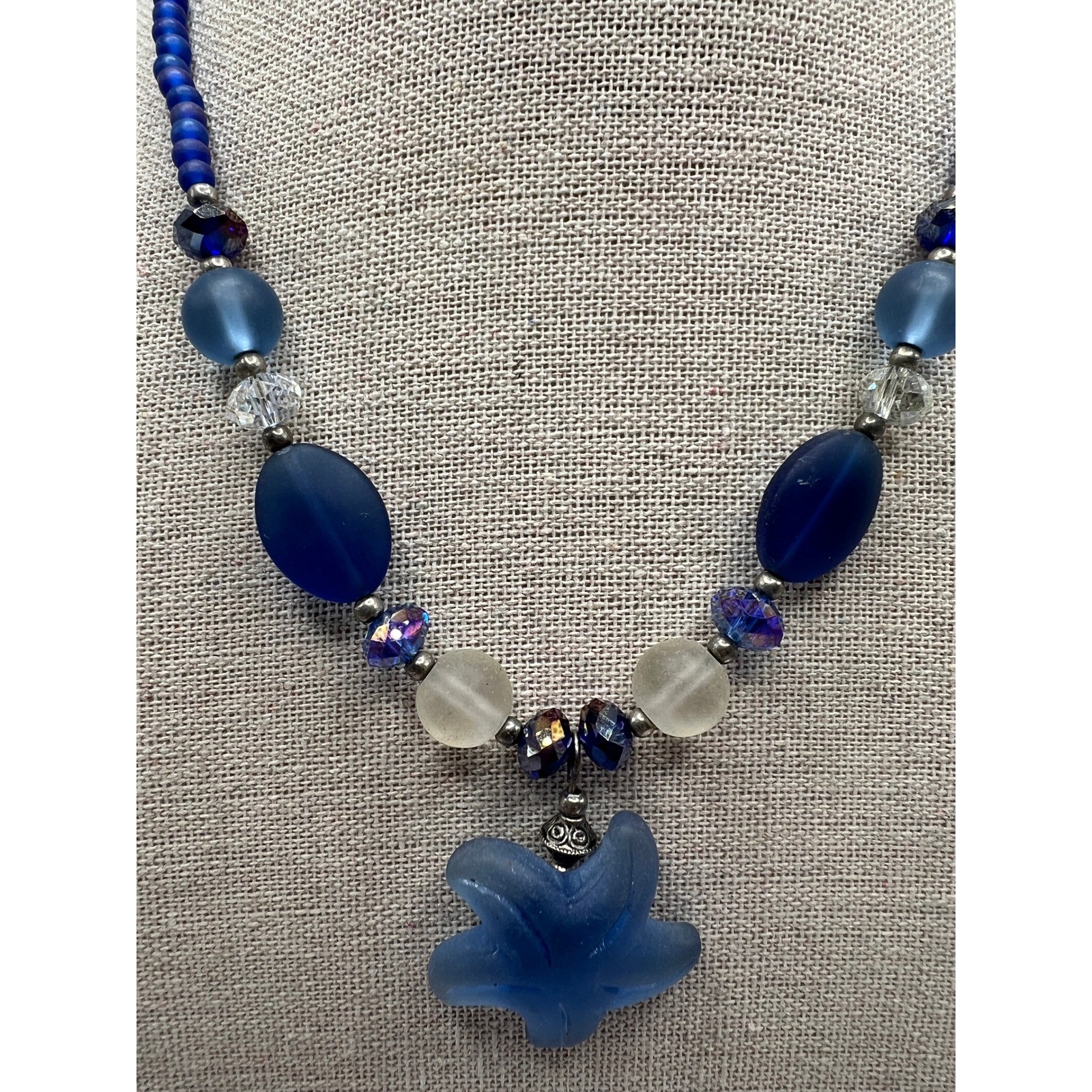 Sea Glass Starfish Pendant Necklace Coastal Boho Mermaidcore Blue Glass 15-18″