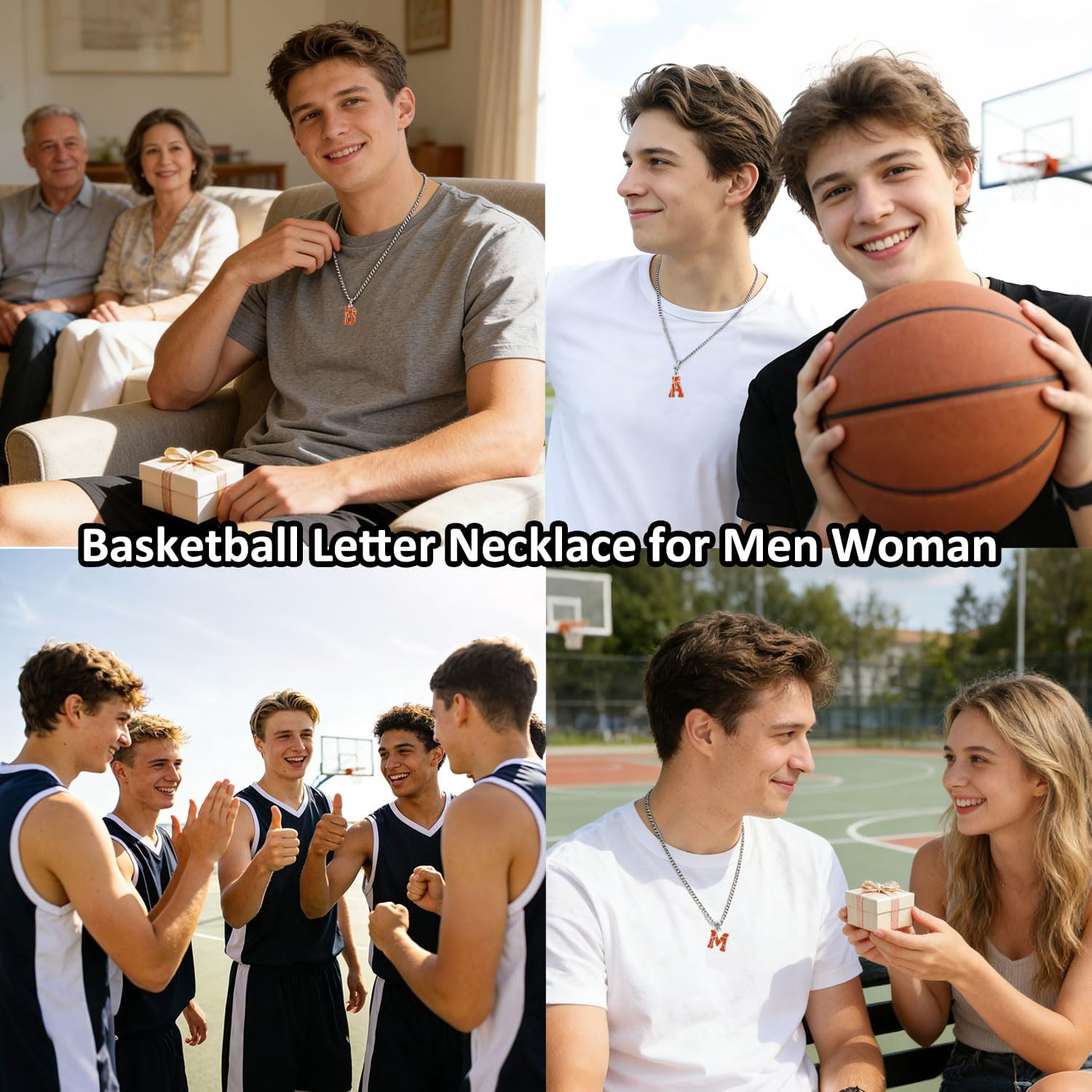 Basketball Letter Necklace – Men’S Basketball Charm Pendant, Stainless Steel Sil