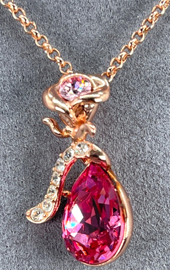 Necklace Rose Gold Tone Bright Pink Teardrop Crystal w/Rose Accent 16″ + 2′