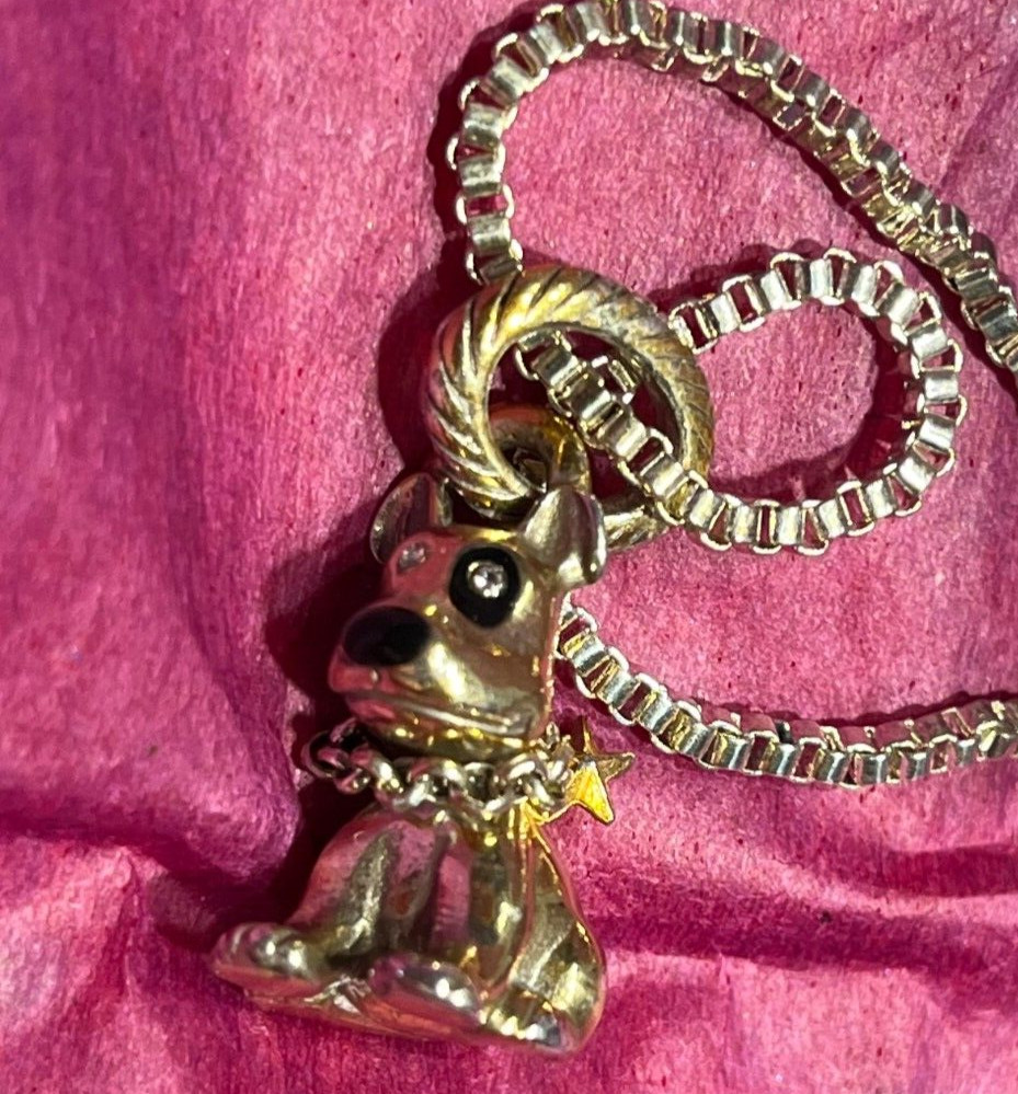 An Adorable Sterling Silver & Gold Puppy, Chain Patch on Eye & Crystal Eyes