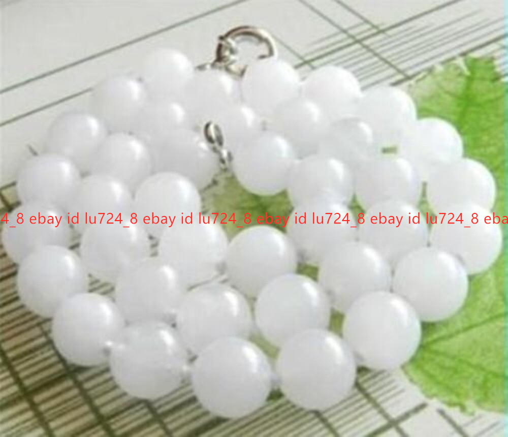 Genuine Natural 10mm White Jade Round Gemstone Beads Necklace 18 Inches