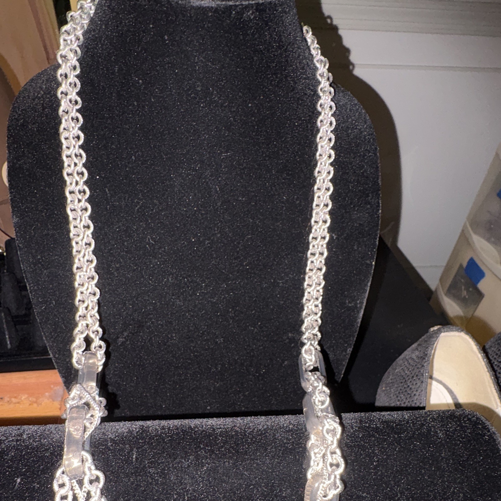Silver Tone Round Link Chain Necklace, Metal, Adjustable, No Stone, Undated