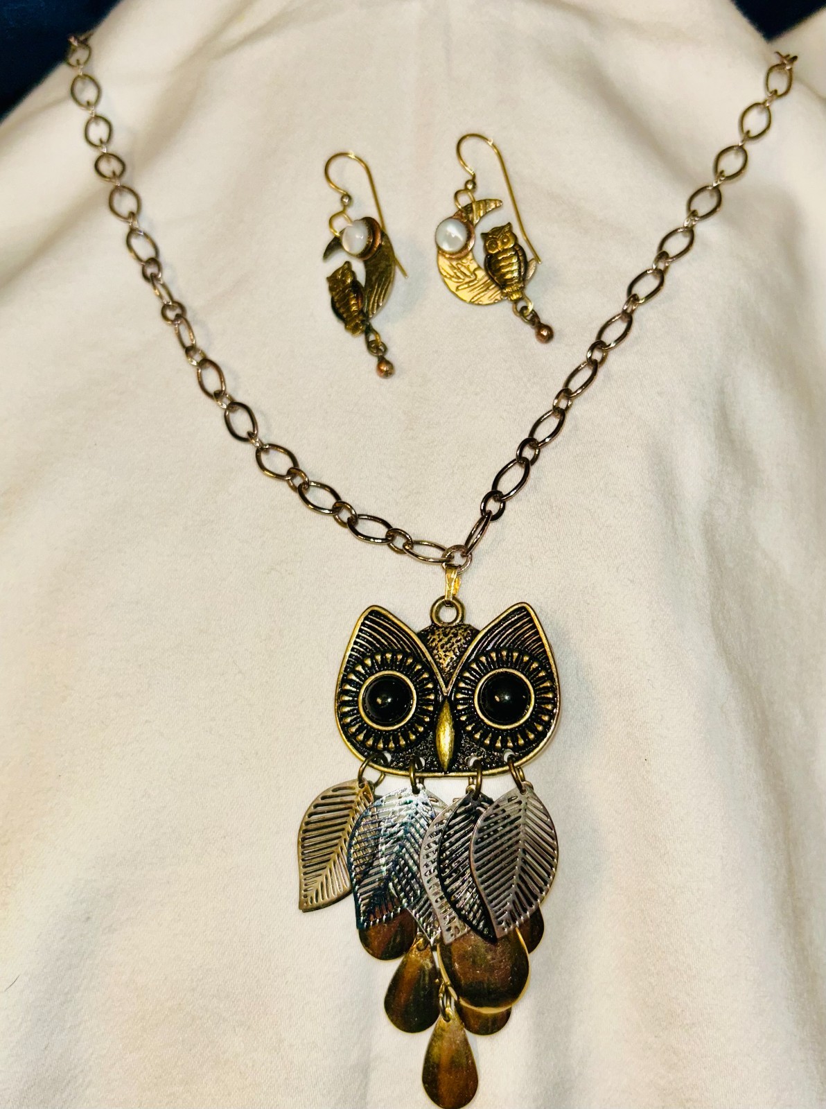 Articulated Owl Pendant Necklace, Silver Forest Moon Earrings, Boho Vintage Jewe