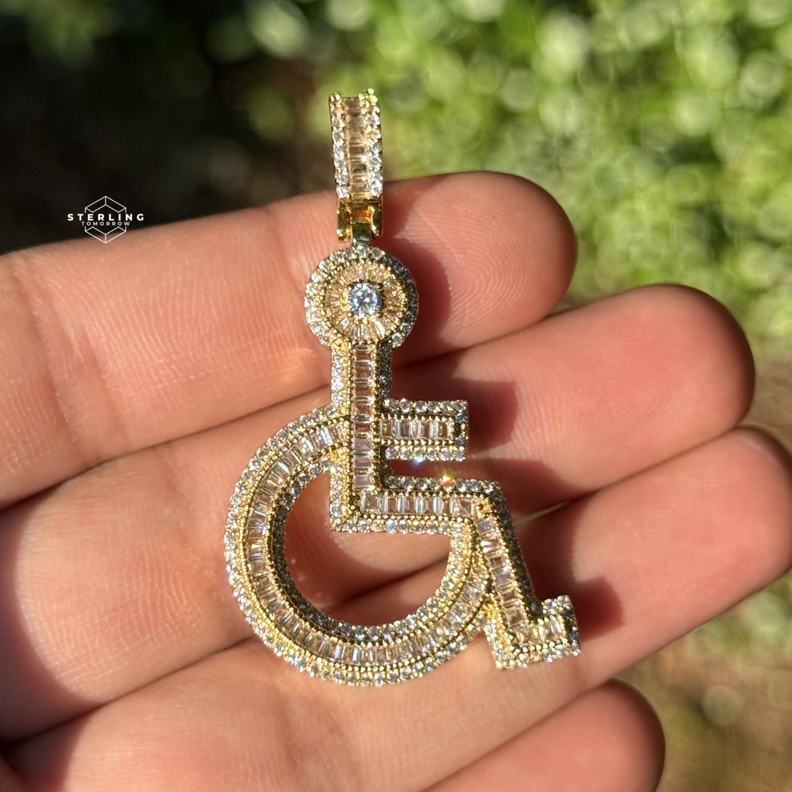 14k Gold Plated Iced Out Wheelchair Pendant Bling + AntiTarnish Rope Chain