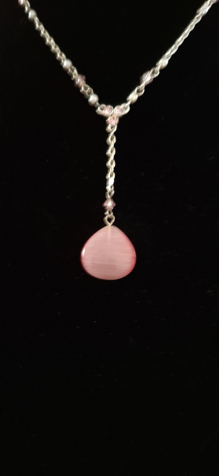 Silver Y-Drop Necklace Pink Teardrop Pendant Lobster Closure Undated Jewelry