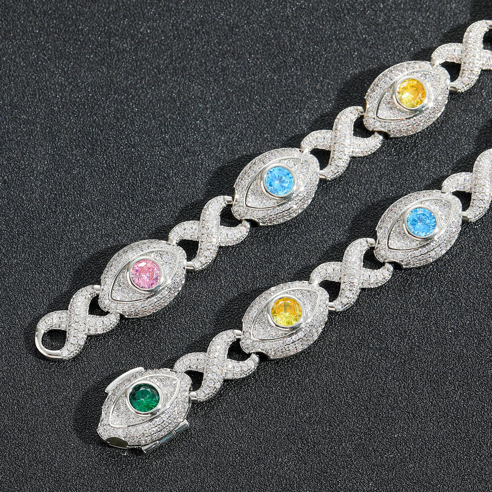 Hip Hop Colorful Eye Cuban Chain Necklace Bracelets 5A Zircon Mens Jewelry