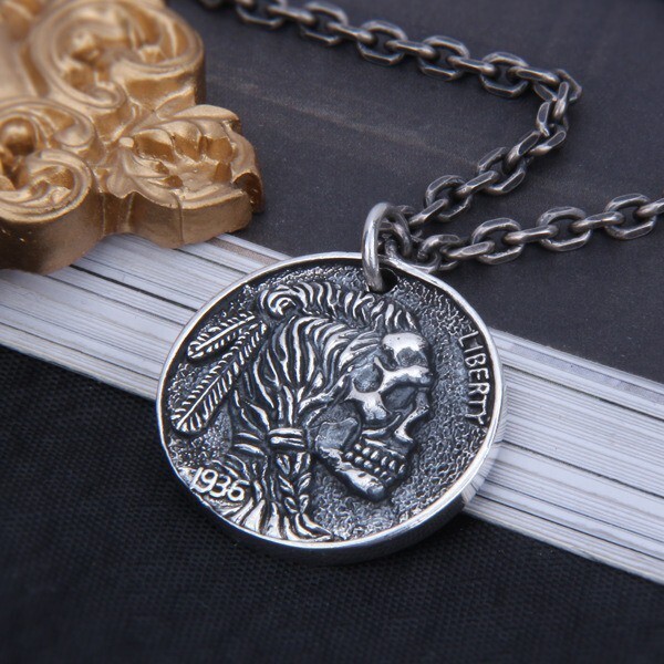 Indian Skull Head Buffalo Koi 1936 Coin Double Sided Pendant 925 Sterling Silver