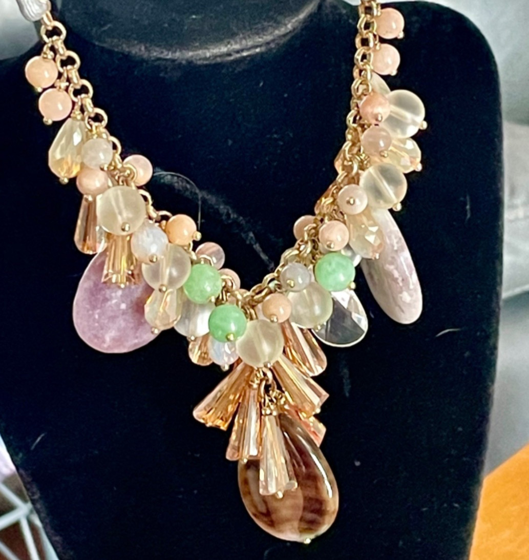 Anthropologie Nakamol Beaded Necklace Crystal Rhinestone Natural Stone Drops