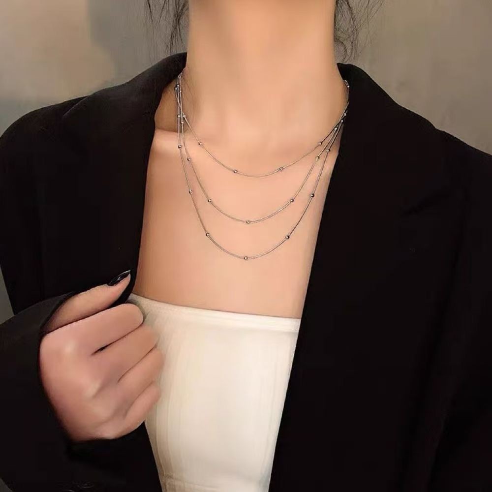 Woman 18K Gold Plated 3 Layers Beaded Snake Chain Necklace Anti-tarnish