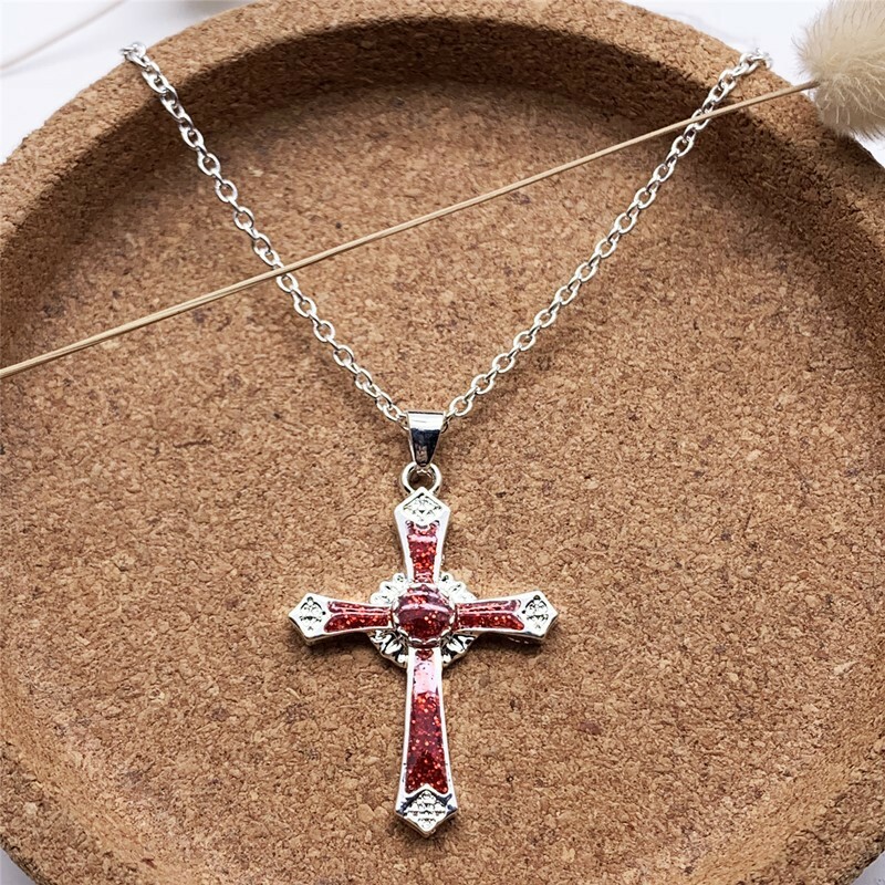 Geometric Red Opal Color Cross Crucifix Pendant Necklace. Us Seller