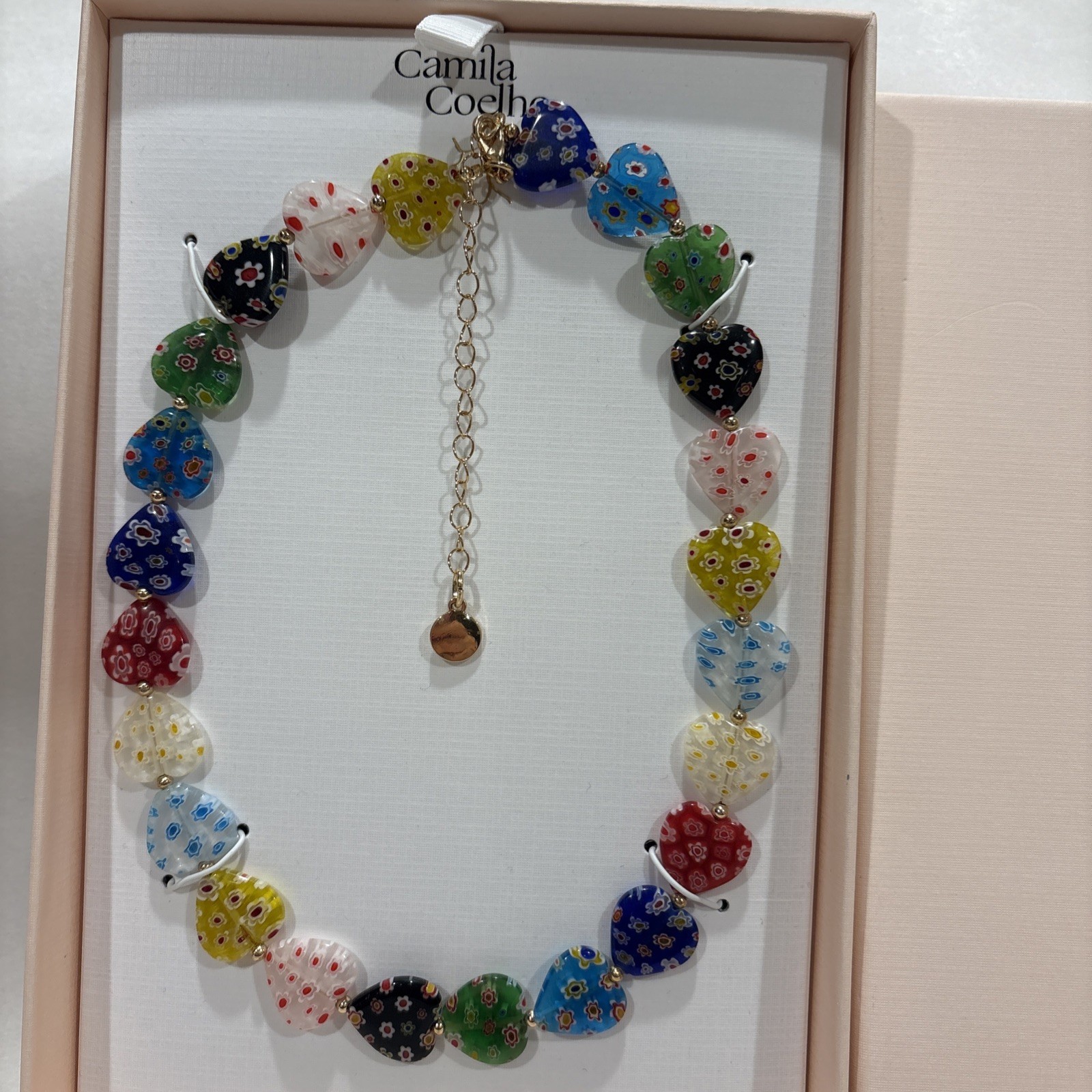 CAMILA COELHO Women Necklace Multicolor Millefiori Beaded Heart Glass 17”