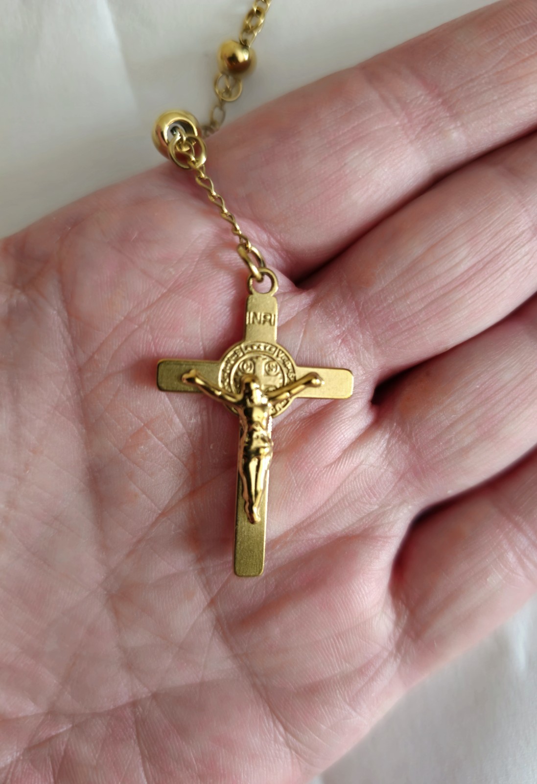 Gold Tone Stainless Steel Rosary Necklace Virgin Mary Crucifix Cross 60cm