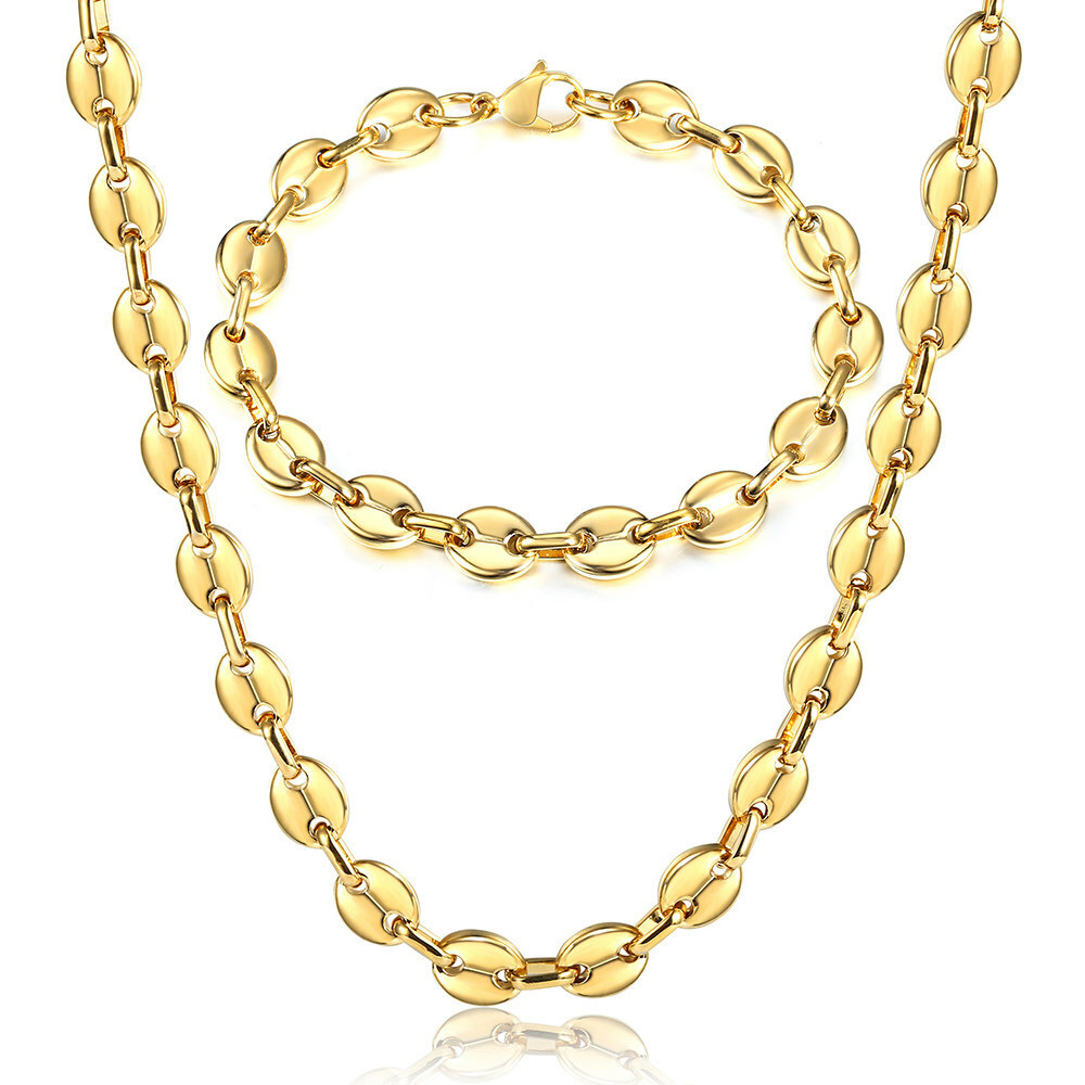 7/9/11mm Gold Plated Stainless Steel Coffee Bean Marina Link Bracelet/Necklace