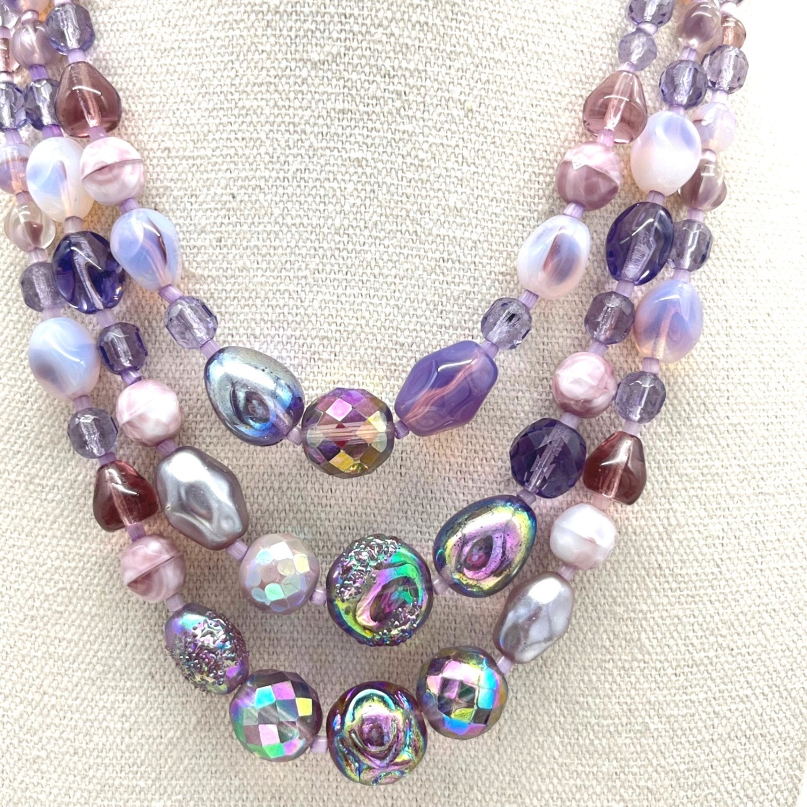 Vintage Germany Purple Iridescent Art Glass Triple Strand Beaded Necklace 16in