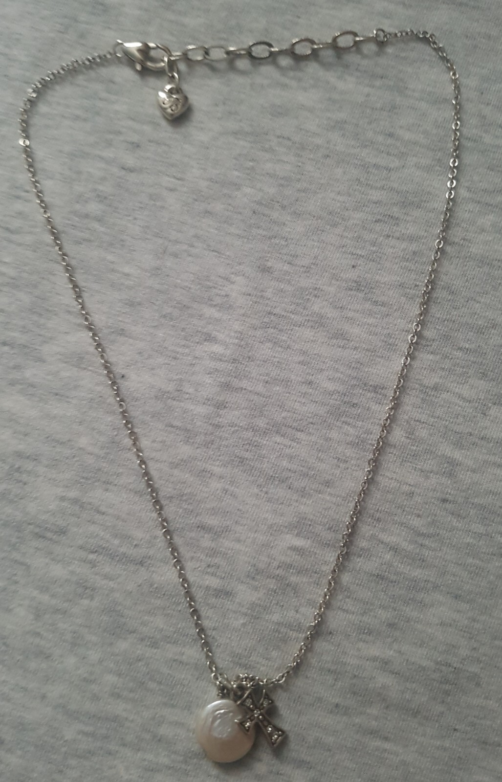 Brighton MARGARITA Cross Necklace Tiny Pendant Dainty w/ Pearl Charm 15-17″