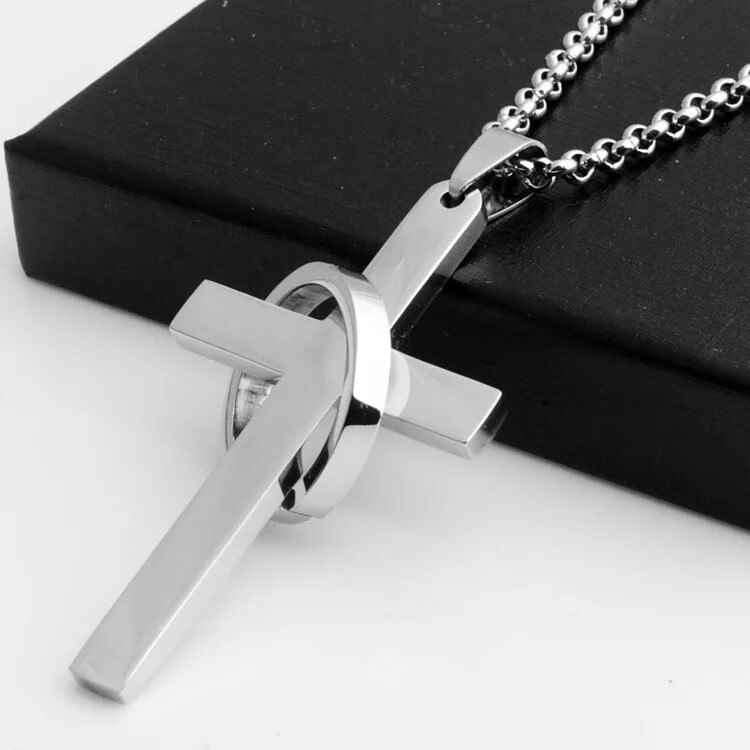 Stainless Steel Silver Jesus Cross Crucifix Hoop Pendant Necklace Mens & Womens