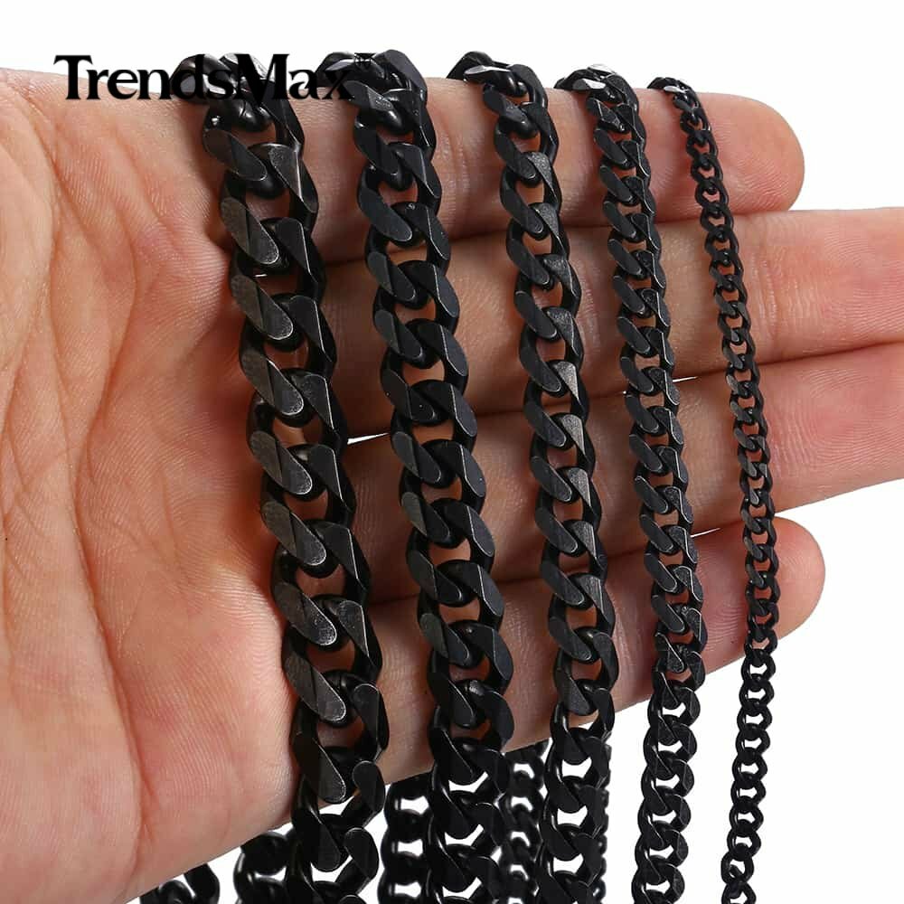 3.5/5/7/9/11mm Black Stainless Steel Curb Cuban Chain Necklace Choker Men Women