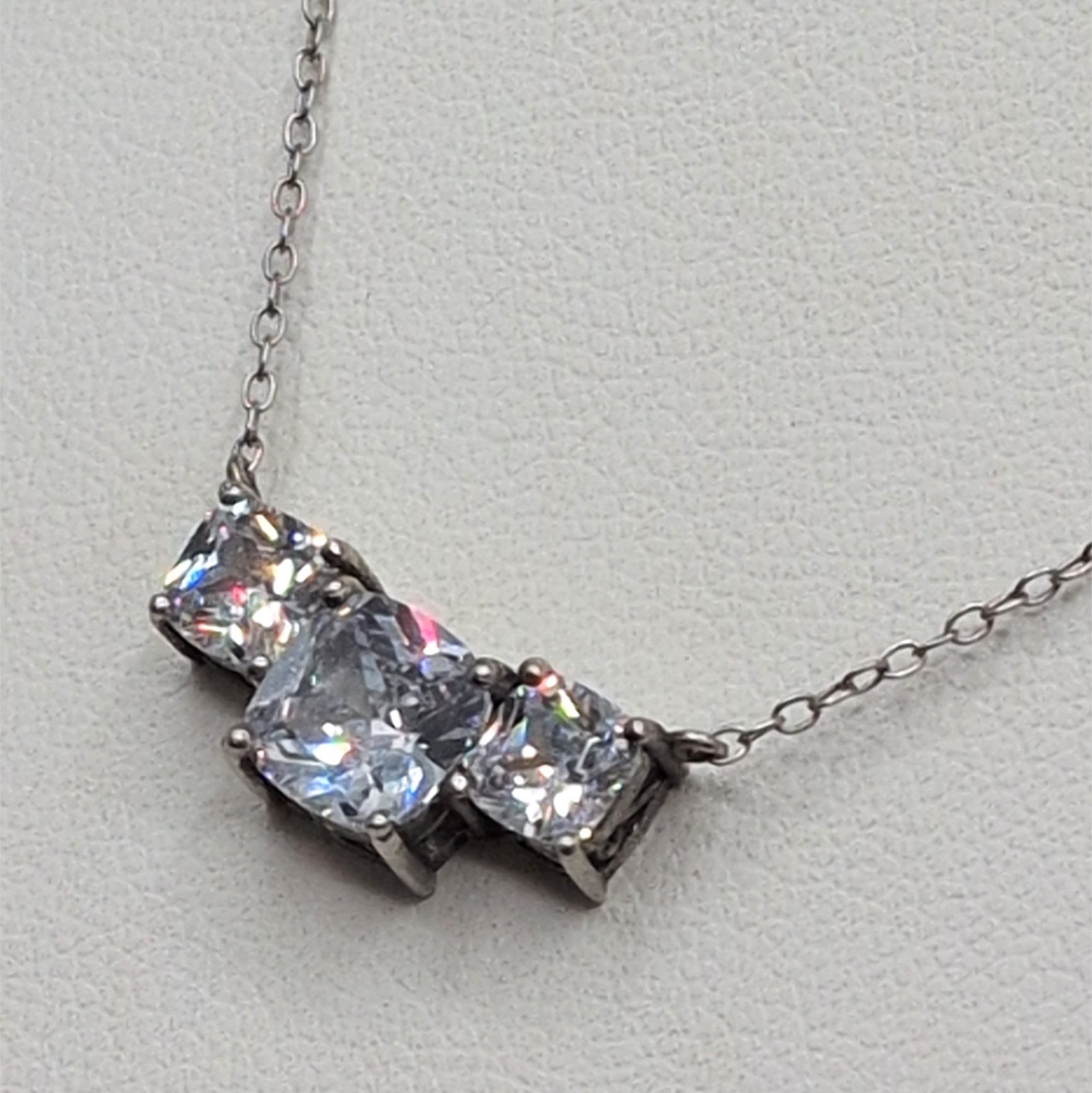 Necklace Three Triple Cushion Cut Clear Colorless Rhinestones 18.25″ 925 Silver