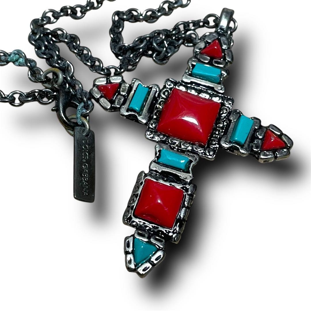Dolce & Gabbana Large Cross Necklace Red Turquoise Stone Length: 15 in. Vintage
