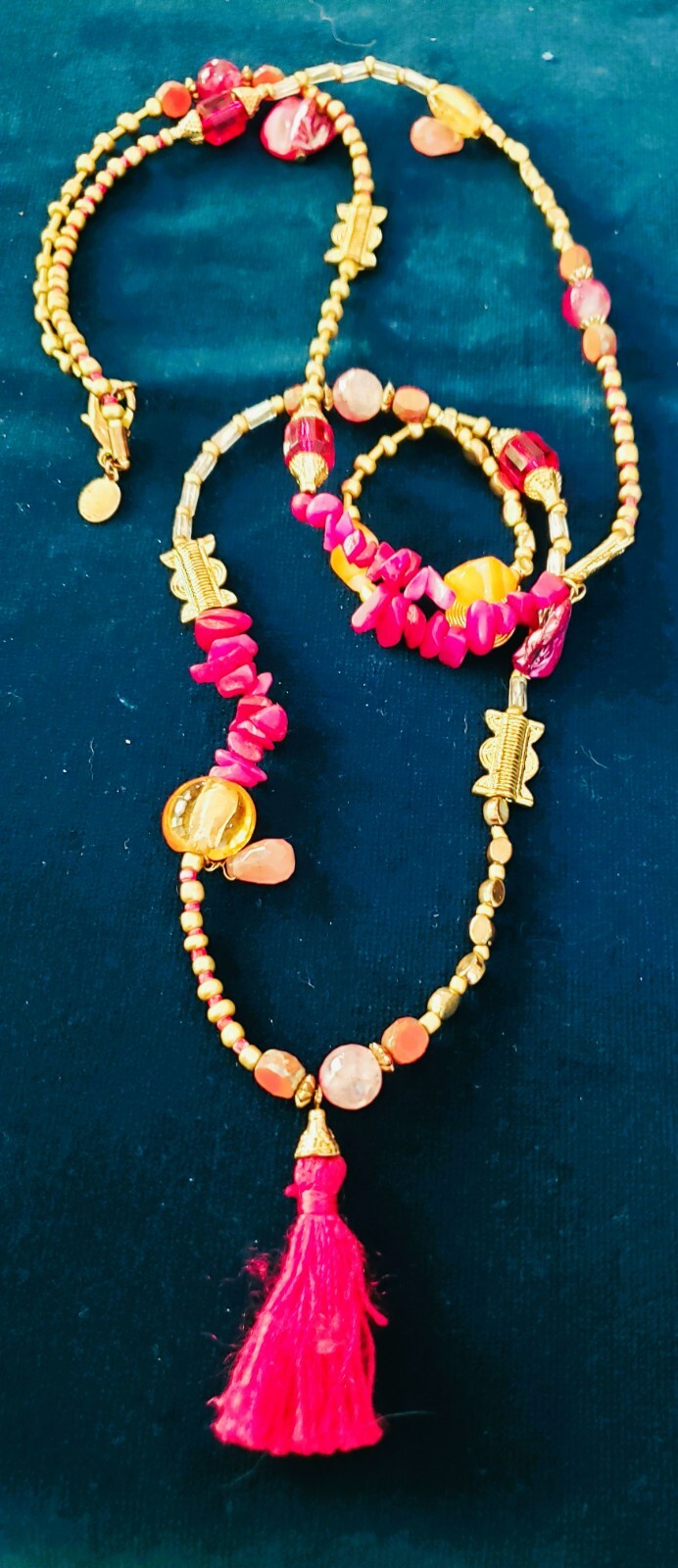 Sara Bella 48 ” Pink and Orange Gold Multi Material Beaded Tassel Necklace