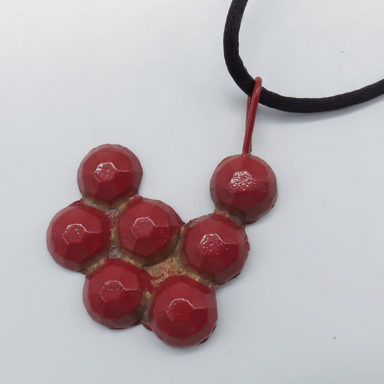 Berry Cluster Metal Pendant Necklace Funky Black Cord Sterling Silver Clasp 18″