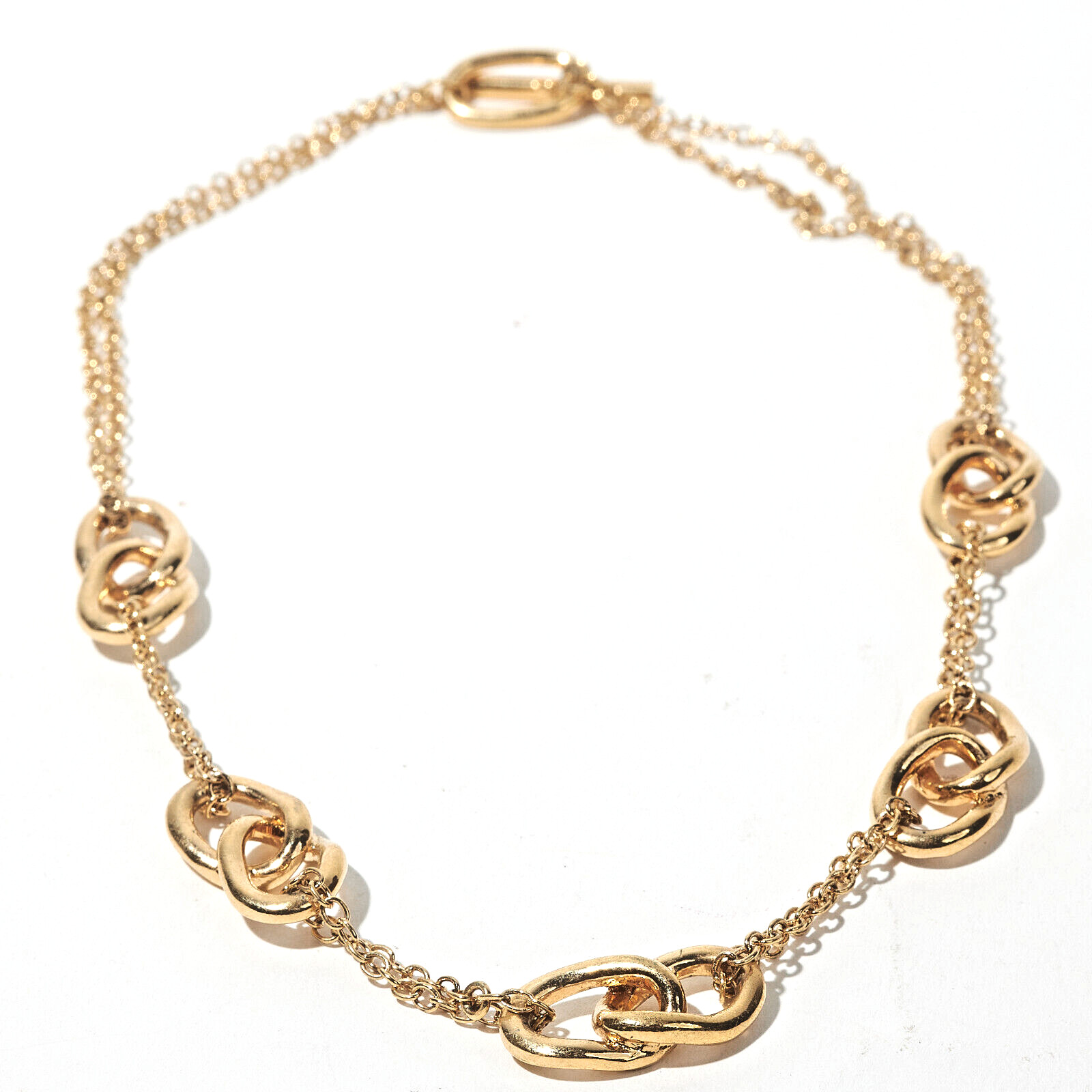 18″ Gold Tone Delicate Chain Necklace 5 Interlocking Oval Stations Toggle Close