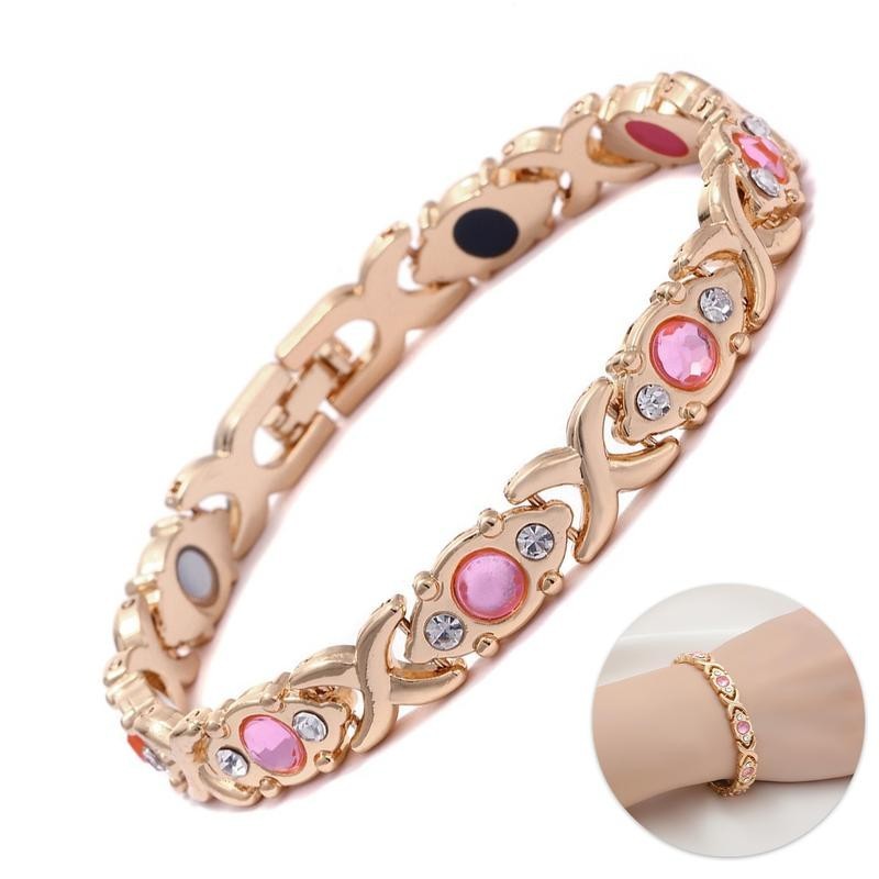 Women’s Leaf Design Pure Copper Magnetic Bracelet with Diamonds-3500 Gauss Magne